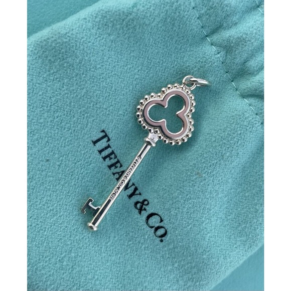 Tiffany & Co. Silver Beaded Pink Enamel Trefoil Key Charm Pendant For Necklace - Picture 3 of 6